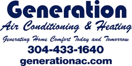 A logo for generation air conditioning and heating , an emergency hvac service available.