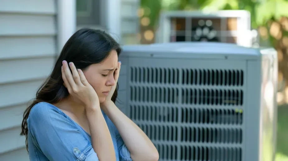A person in a blue shirt holds their hands over their ears, standing outside near a loud, operating air conditioning unit.