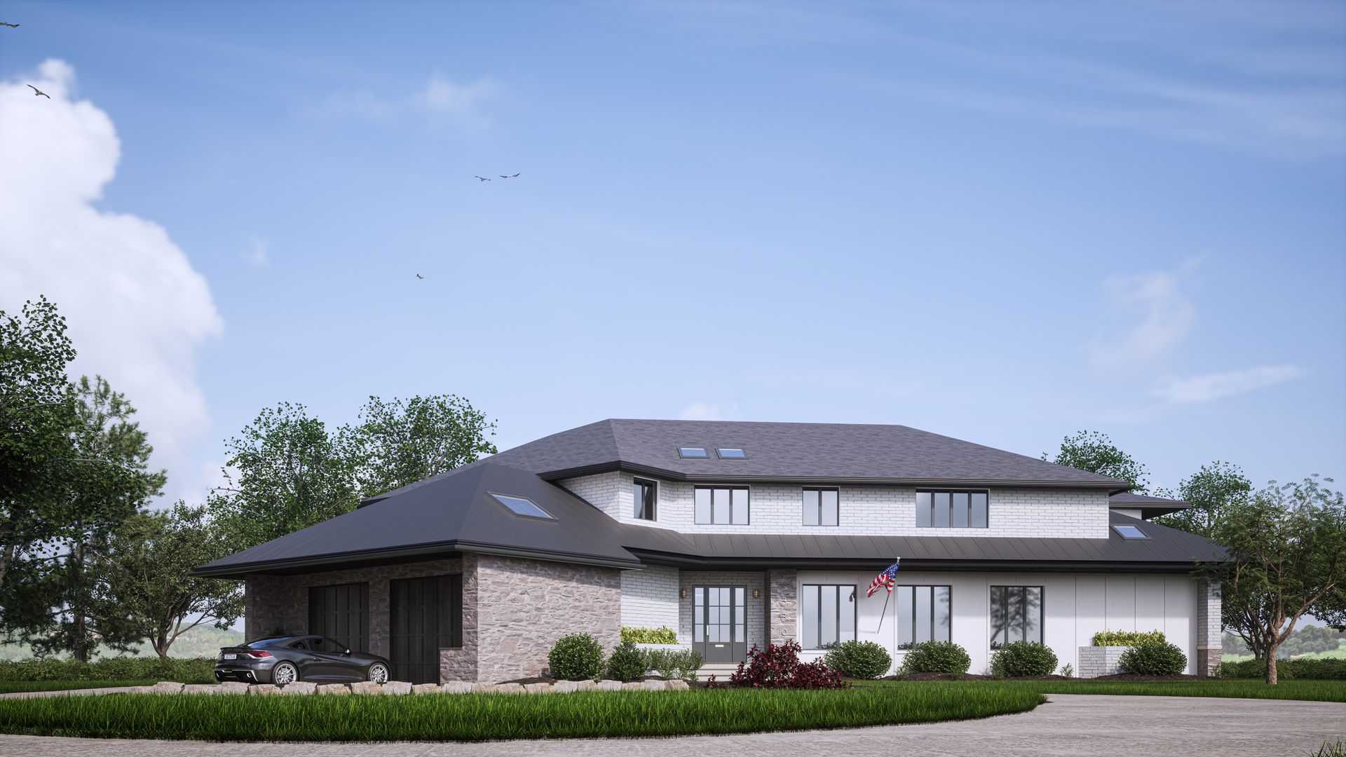 Exterior home design rendering showing proposed siding, roofing, and color selections for remodeling project.