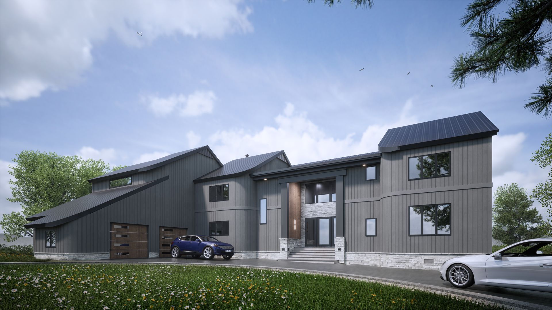 Exterior home design rendering showing proposed siding, roofing, and color selections for remodeling project.