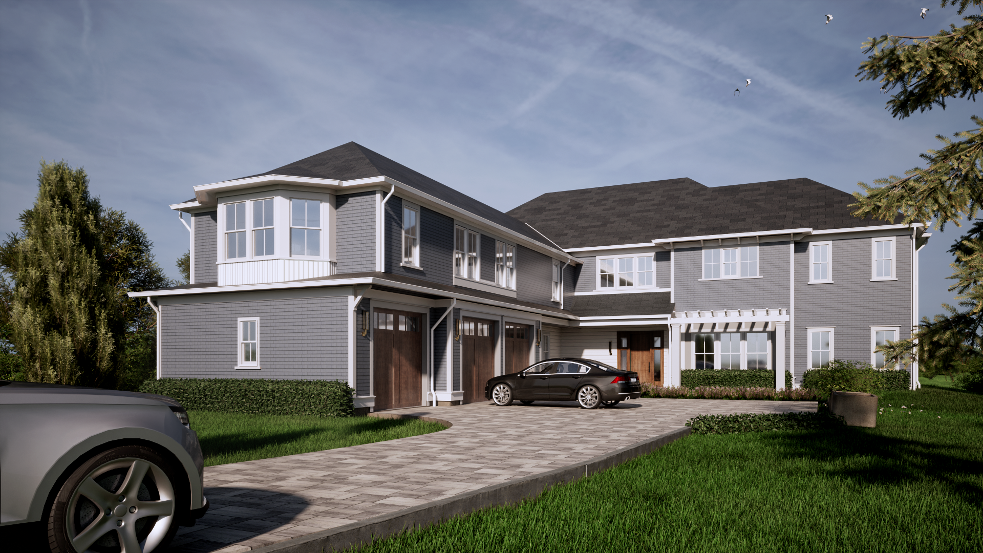 Exterior home design rendering showing proposed siding, roofing, and color selections for remodeling project.