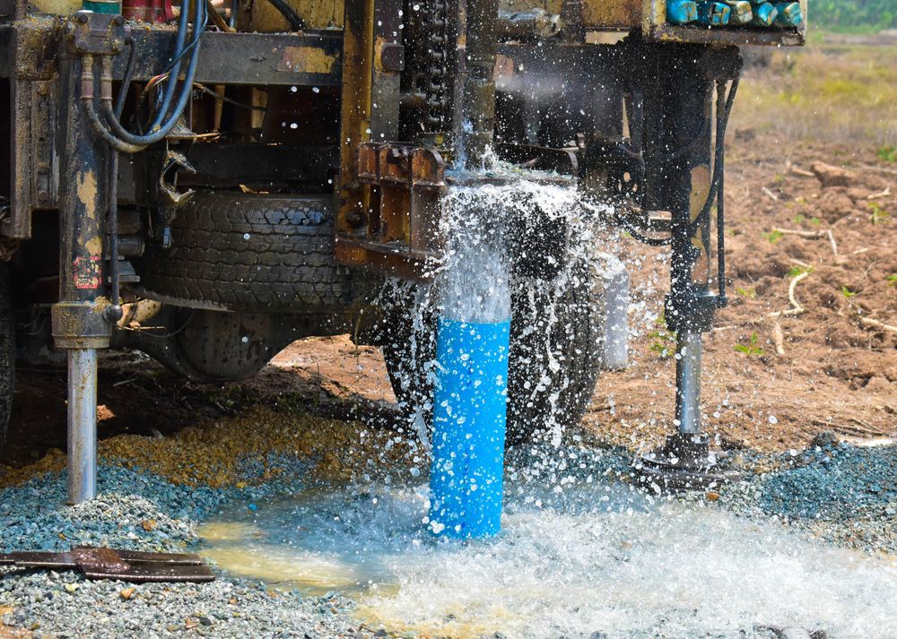 Well Drilling Rig Spewing Water, Blue Pipe in Foreground — NRG Drilling in Tin Can Bay, QLD