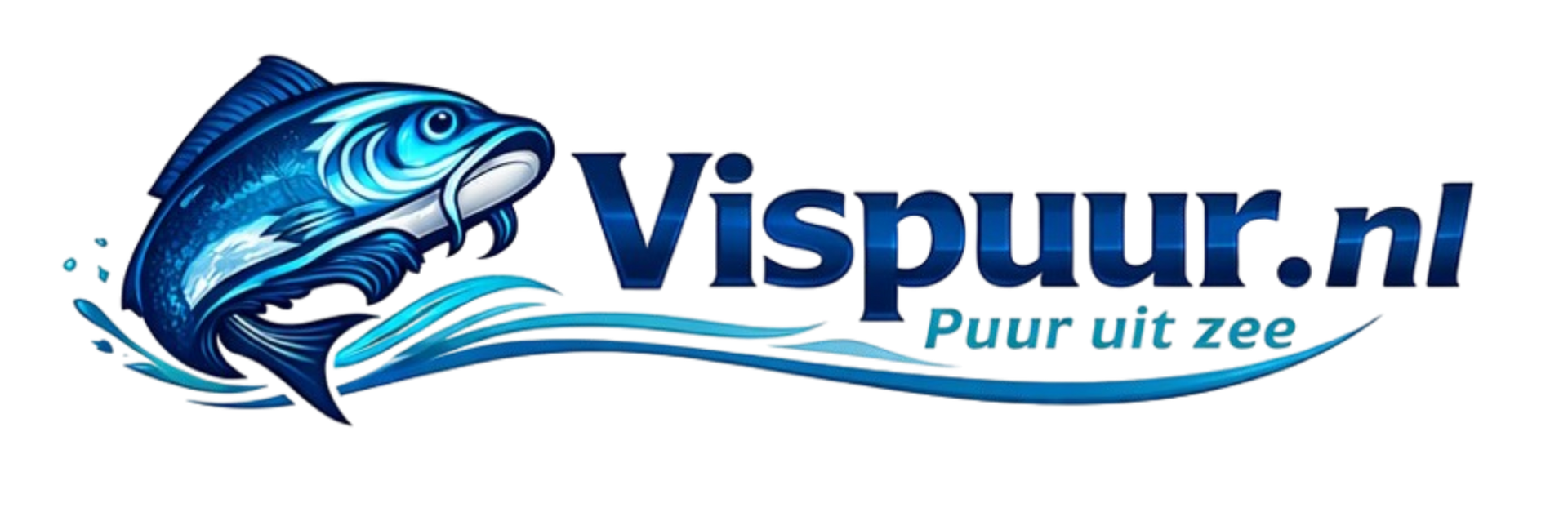 Logo voor Vispuur.nl met een springende blauwe vis boven een golf, met de tekst "Vispuur.nl" en "Puur uit zee" in blauw.