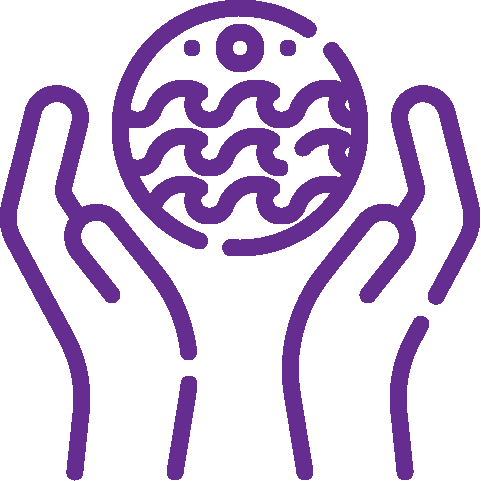 A purple icon of two hands holding a ball.