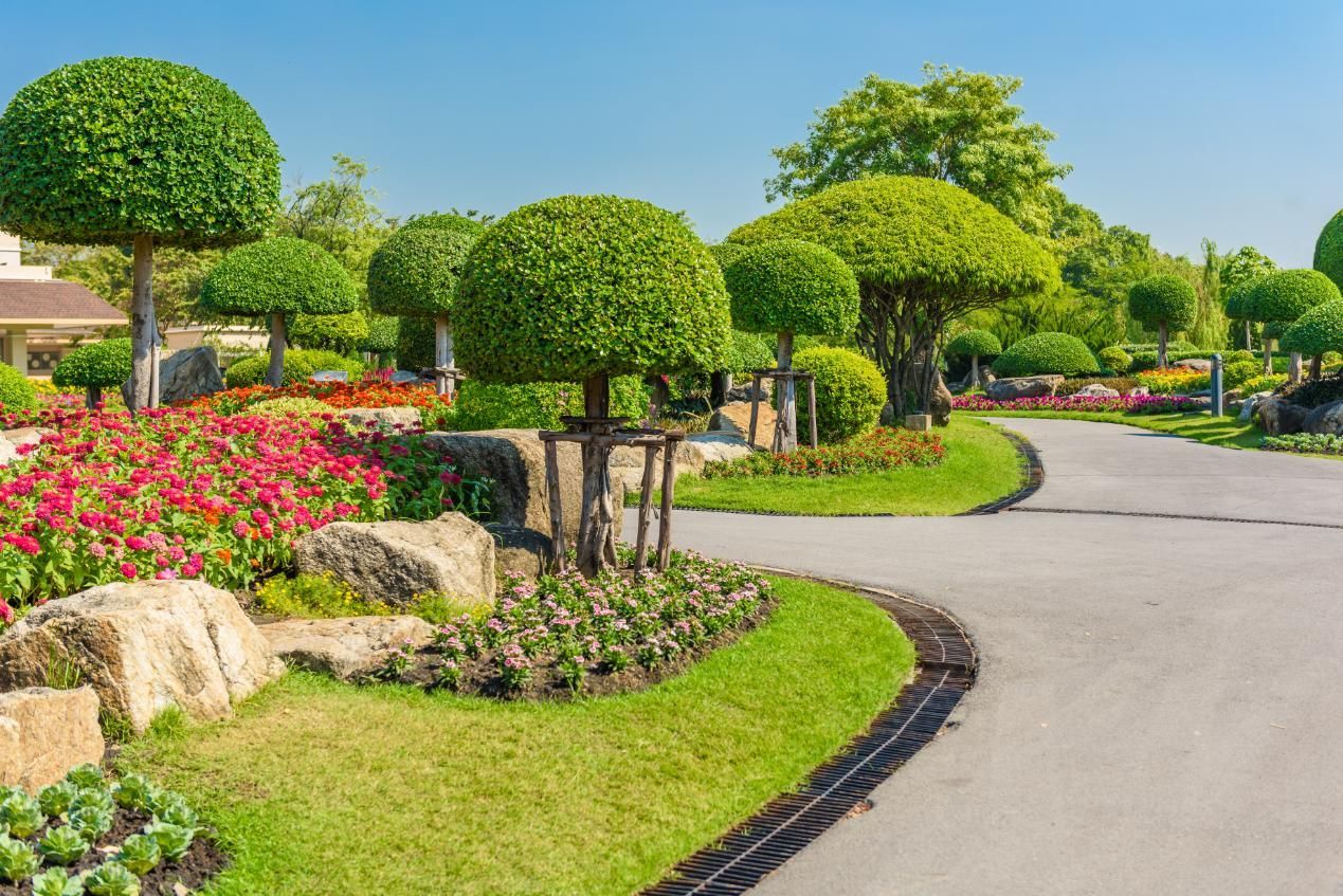 Manicured garden with trimmed trees, green grass, and a winding path under a blue sky.