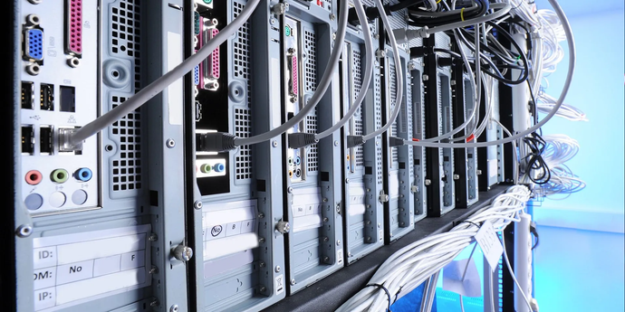 Row of server racks with cables and ports in a data center