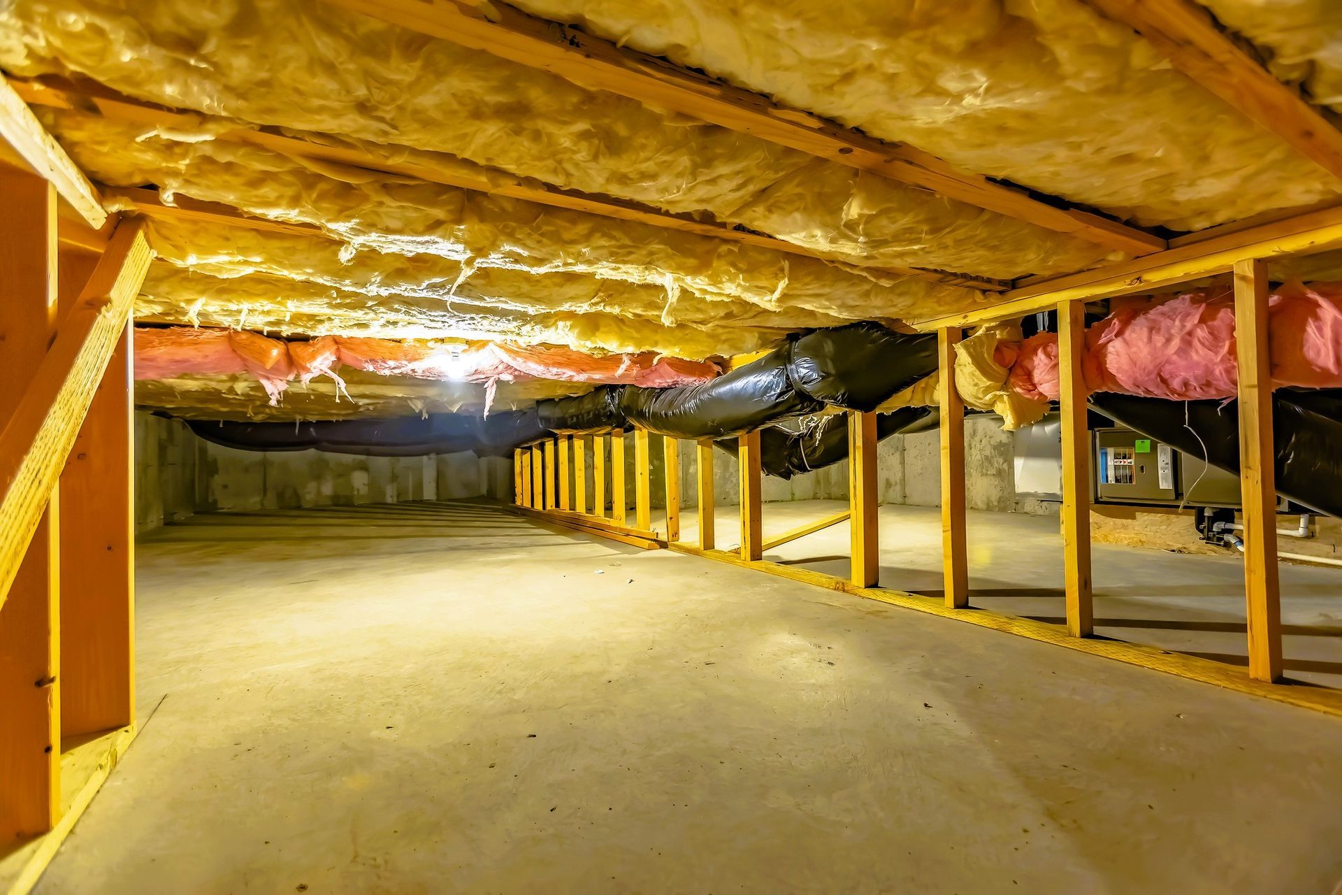 Insulated crawl space with wooden framing and HVAC ductwork.