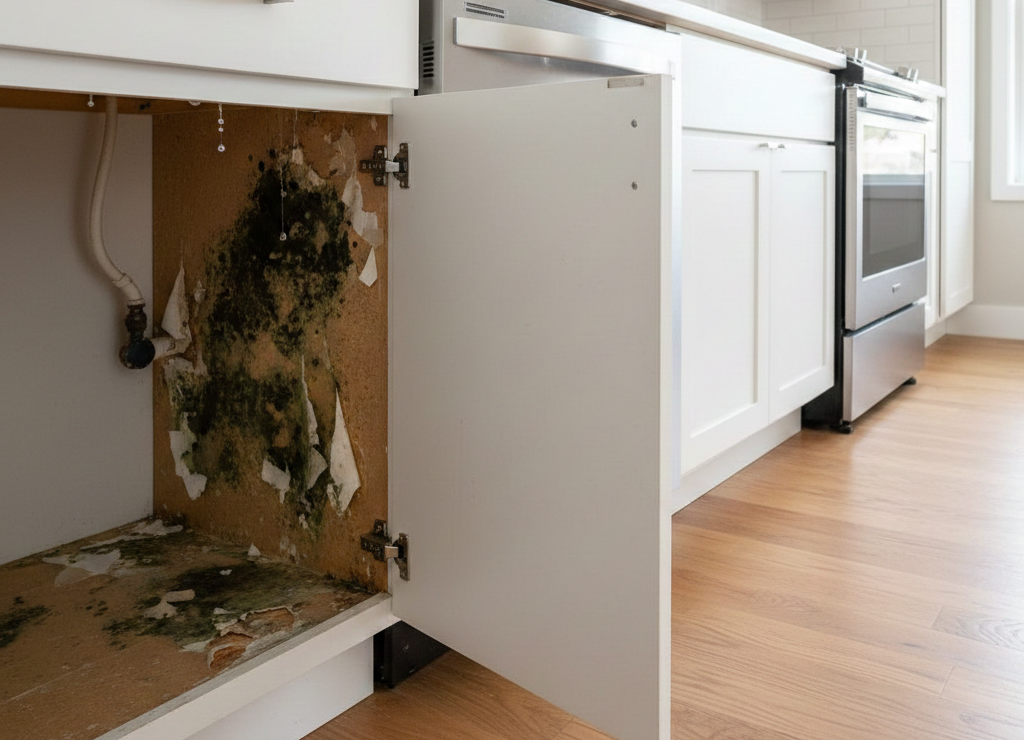 Severe mold growth and water damage inside a white kitchen cabinet.