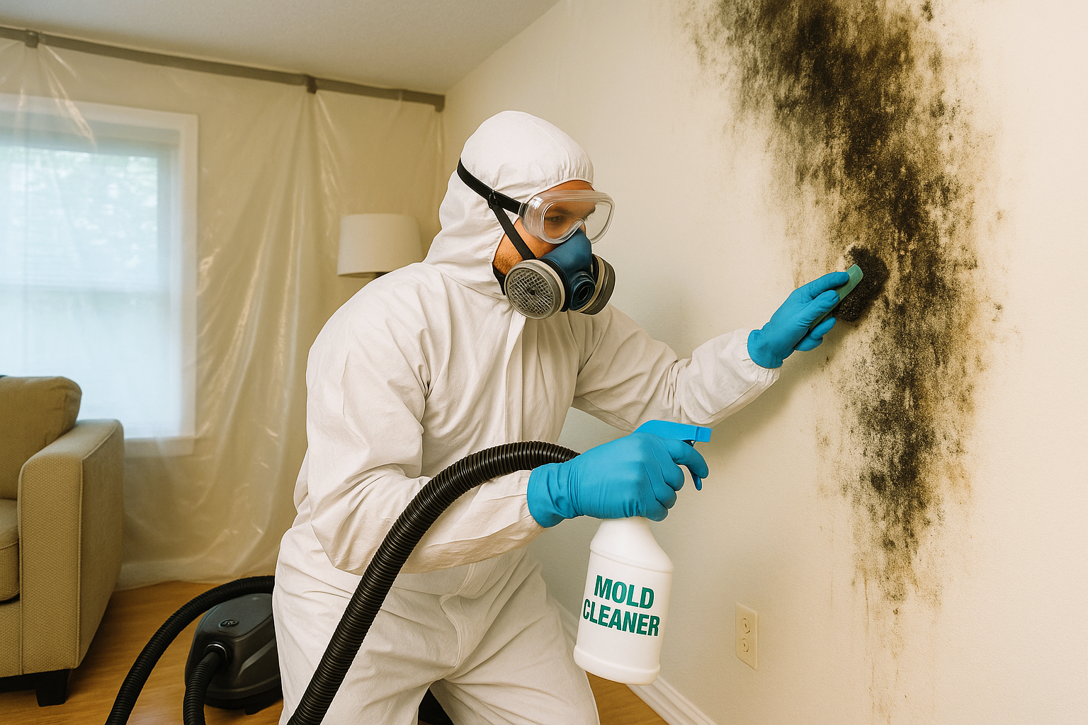 Person in suit scrubbing mold with cleaner and vacuum nearby