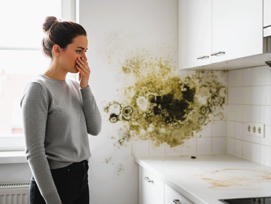 Woman reacting to severe black mold on kitchen wall