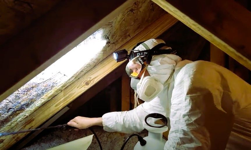Person in protective suit inspecting attic for mold