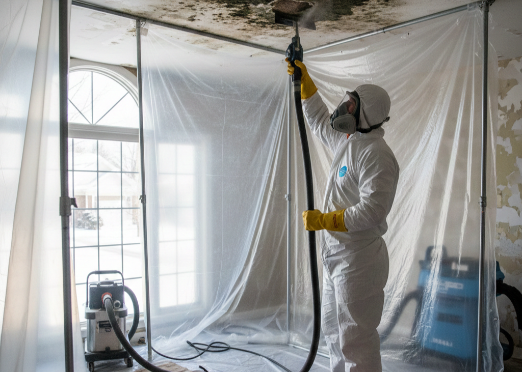 Mold removal tech cleaning a contaminated ceiling inside a containment area with plastic sheeting.
