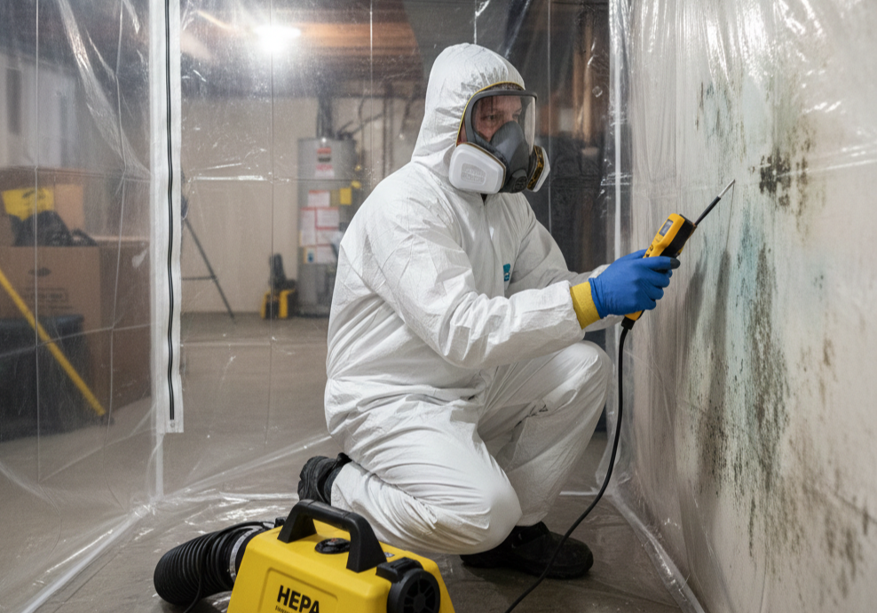 Professional mold remediation specialist in Grand Rapids inspecting mold growth on a basement wall
