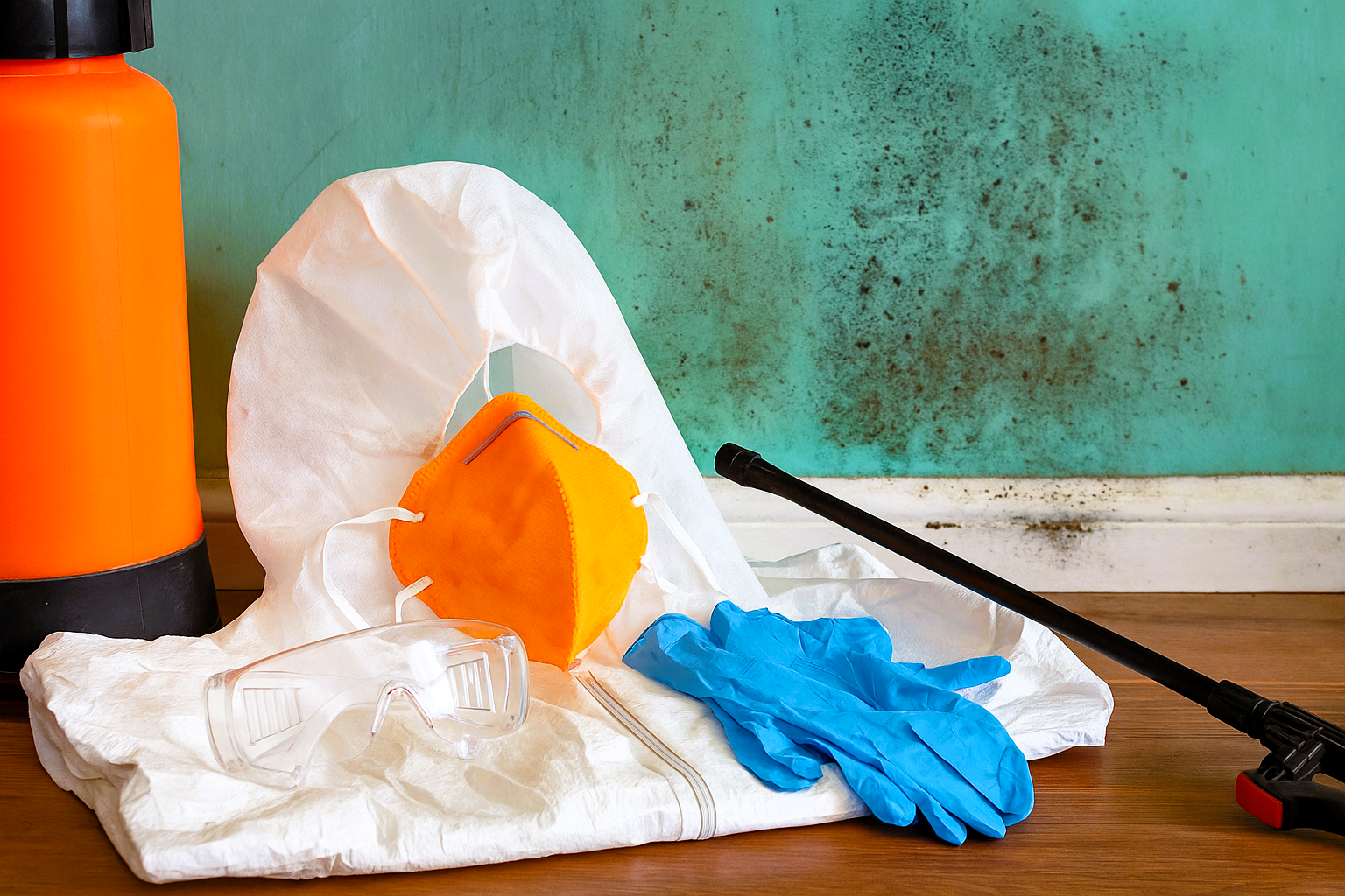 Protective gear for mold removal with suit, mask, goggles, gloves, and spray bottle.