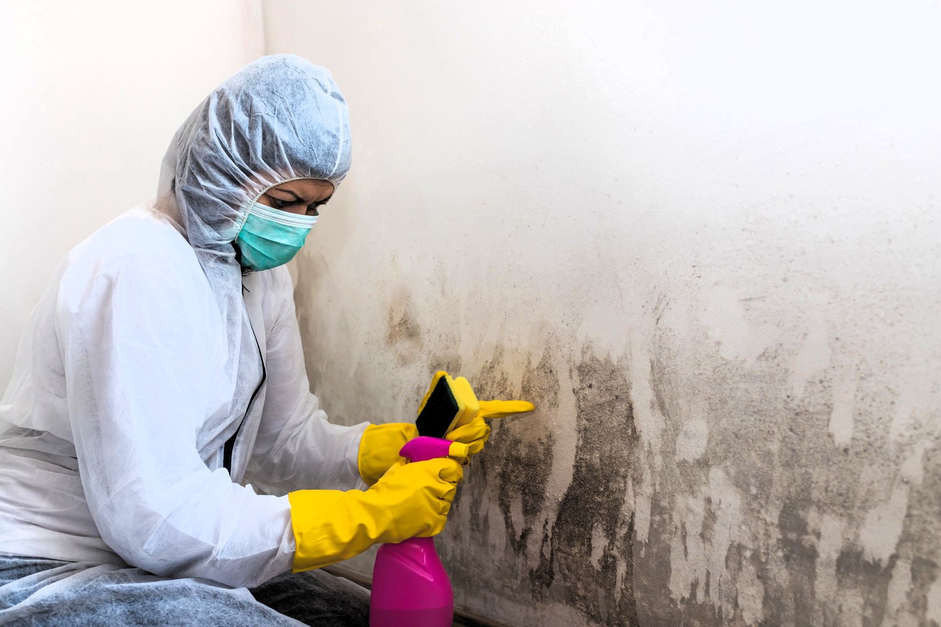 mold specialist spraying wall in protective gear
