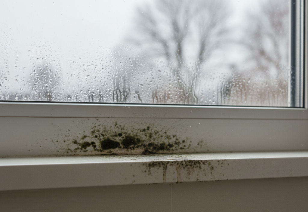 Black mold growth on a white window sill in winter