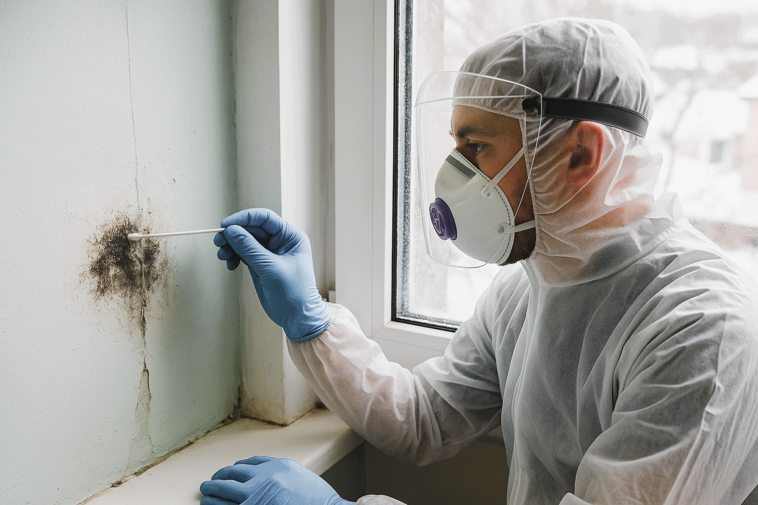 Person in protective gear performing mold testing on a wall