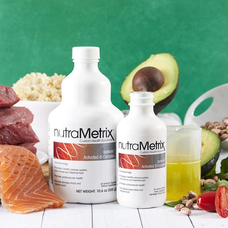 Two bottles of nutrametrix are sitting on a table