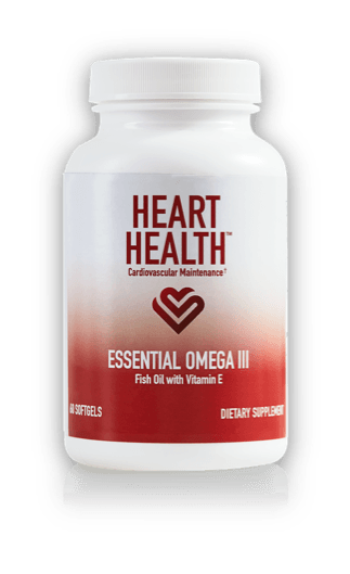 A bottle of heart health essential omega iii fish oil with vitamin e