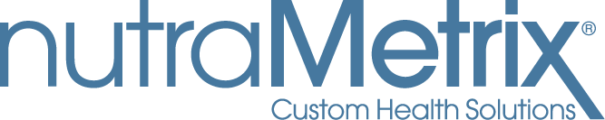 A blue logo for nutrametrix custom health solutions