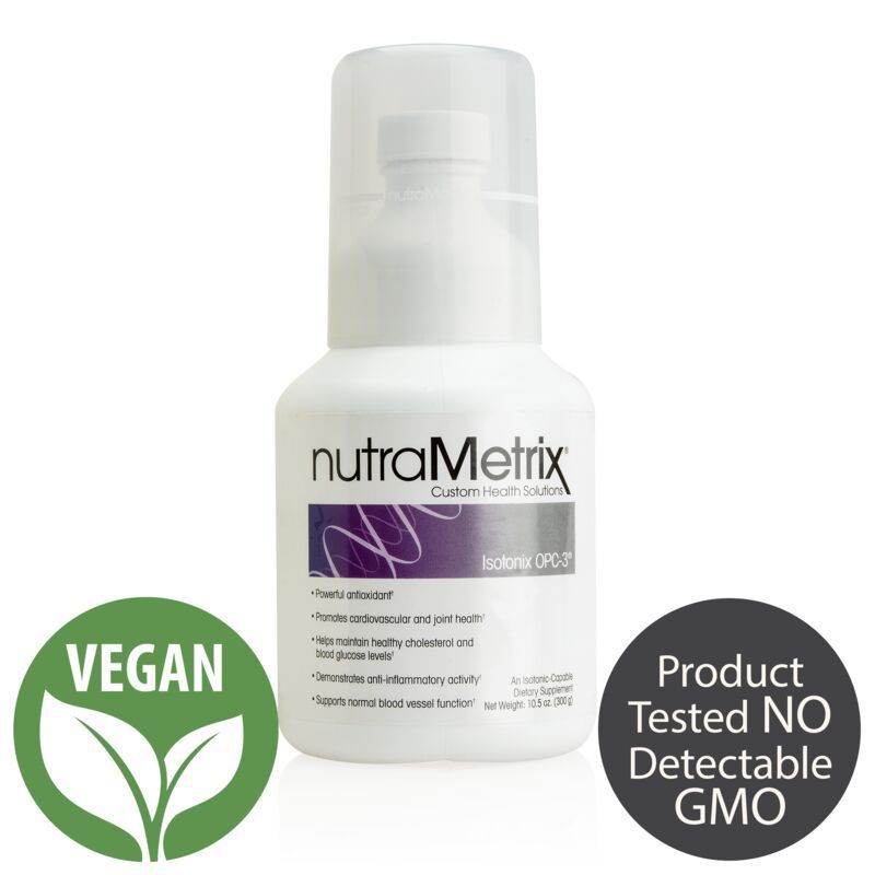 A bottle of nutrametrix is vegan and product tested no detectable gmo