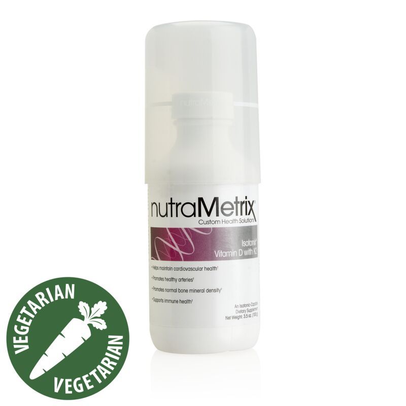 A white bottle of nutrametrix with a carrot on it