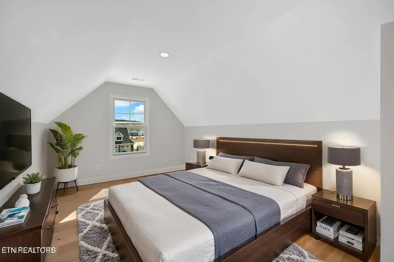 Bedroom with bed, nightstands, TV, and large plant. Sloped ceiling with small window.