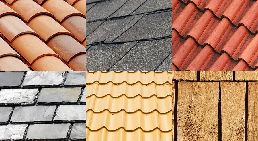 Six roof tile textures: clay, asphalt, and metal in various colors and patterns.