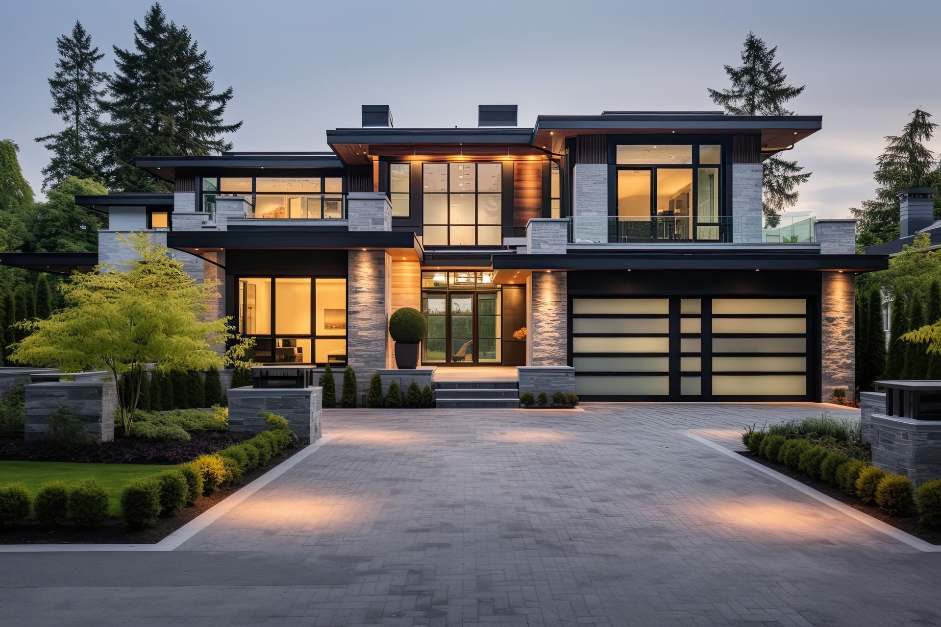 Modern luxury home builders design large contemporary house with glass windows and driveway. Modern luxury home builders design large contemporary house with glass windows and driveway.