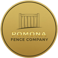 Gold logo for Pomona Fence Company: Fence outline above text within a gold circle.