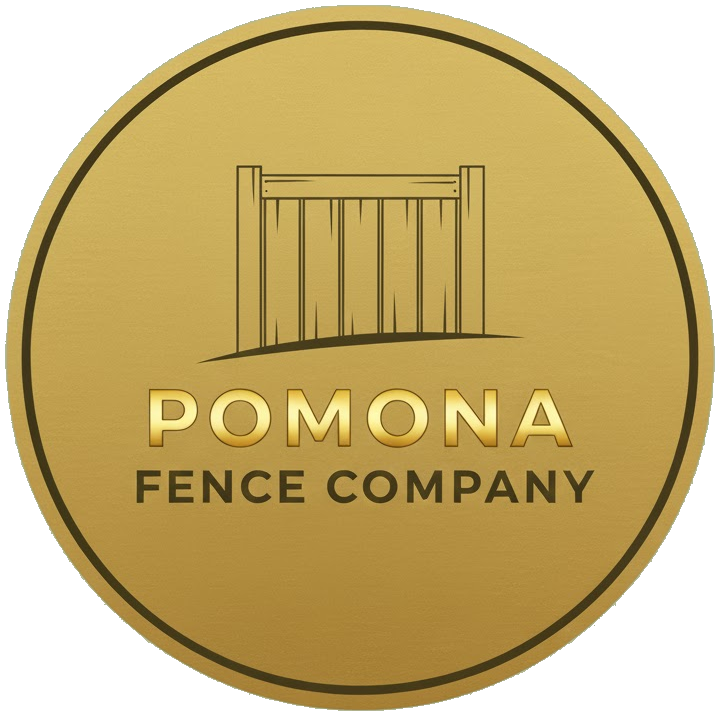 Gold logo for Pomona Fence Company: Fence outline above text within a gold circle.