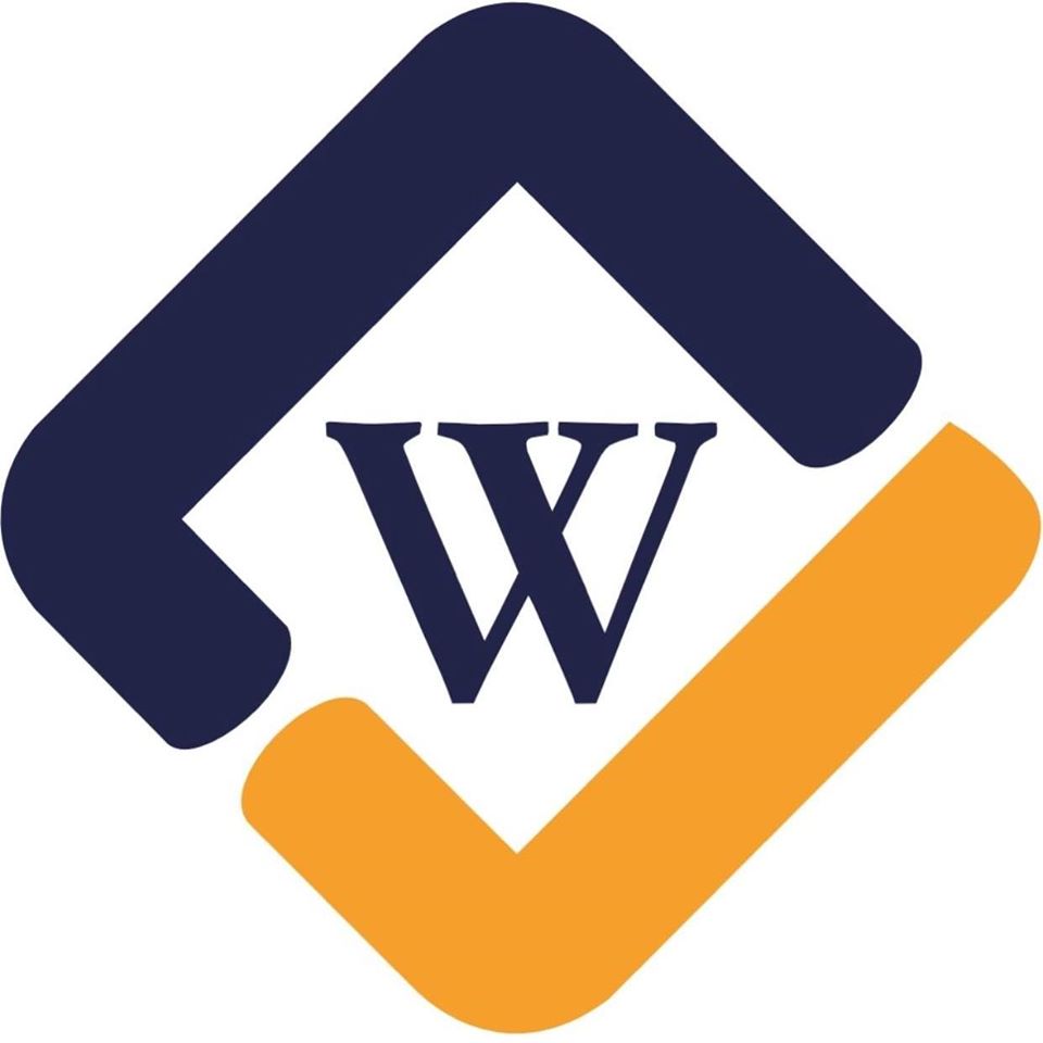 A blue and orange logo with the letter w on it