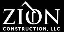 the logo for zion construction shows a house with a roof and a window.