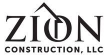 a black and white logo for zion construction with a house and a roof.