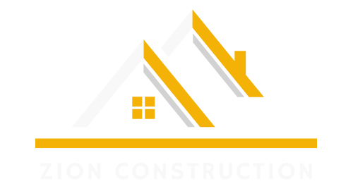 the logo for zion construction shows a house with a roof and a window.