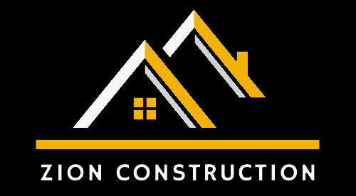 a logo for zion construction with a house on a black background.