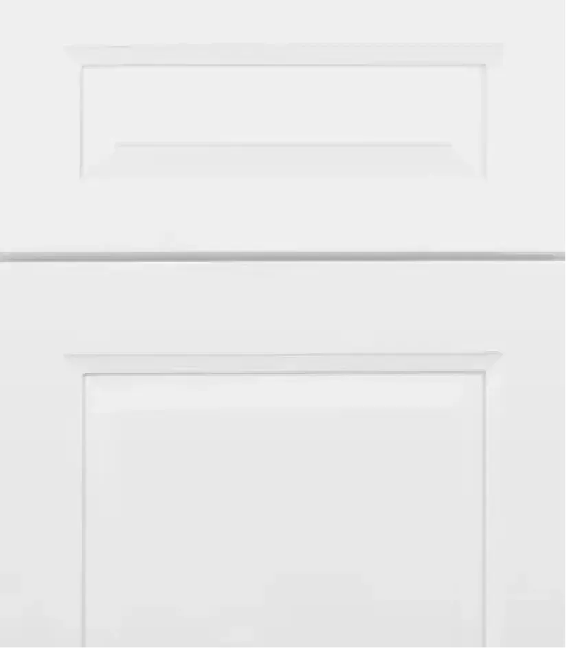 White cabinet door showing a top drawer and a bottom door.