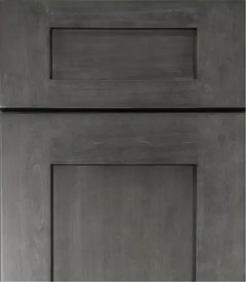 Gray kitchen cabinet door with a recessed panel design.