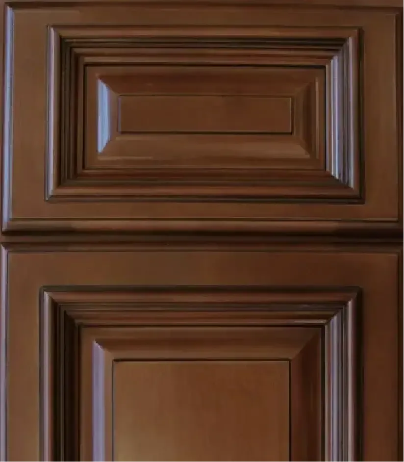 Brown wooden cabinet door with recessed paneling, glossy finish.