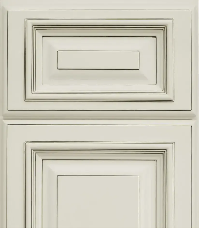 Cream-colored cabinet doors with recessed rectangular panels and a bar-style handle.