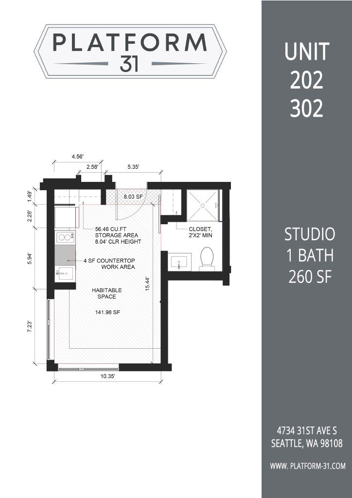 Floor plan for a studio apartment with 1 bath, 260 sq ft. Unit numbers 202 and 302.