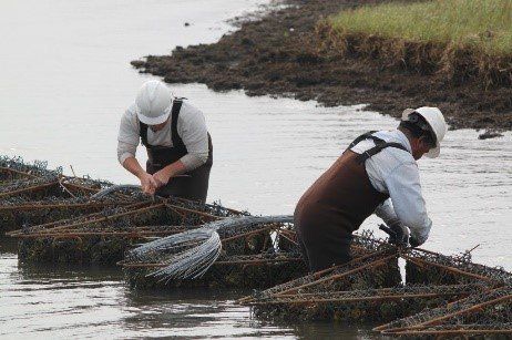Two men are working in the water on a raft - Baton Rouge, LA - Coastal Environments, Inc.