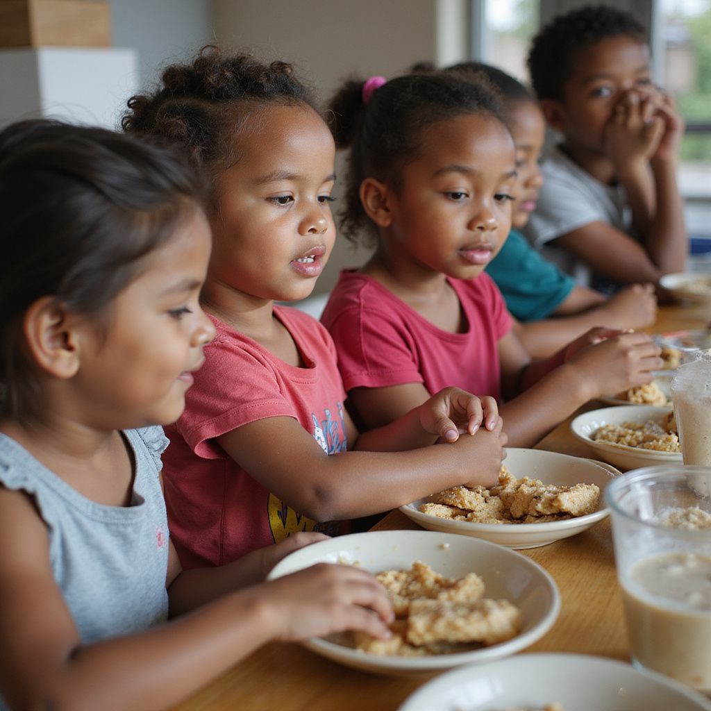 Niños en una mesa, mirando y manipulando comida en cuencos.