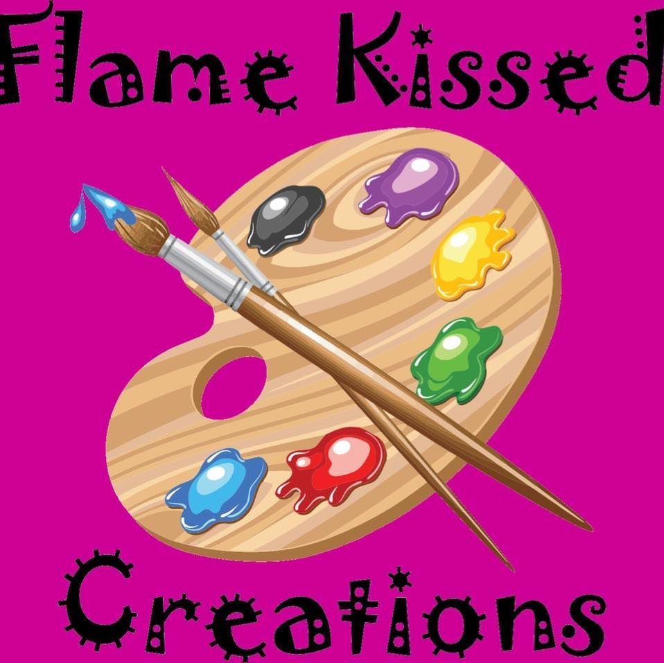Flame Kissed Creations logo: paint palette with colorful paint blobs and crossed paintbrushes.