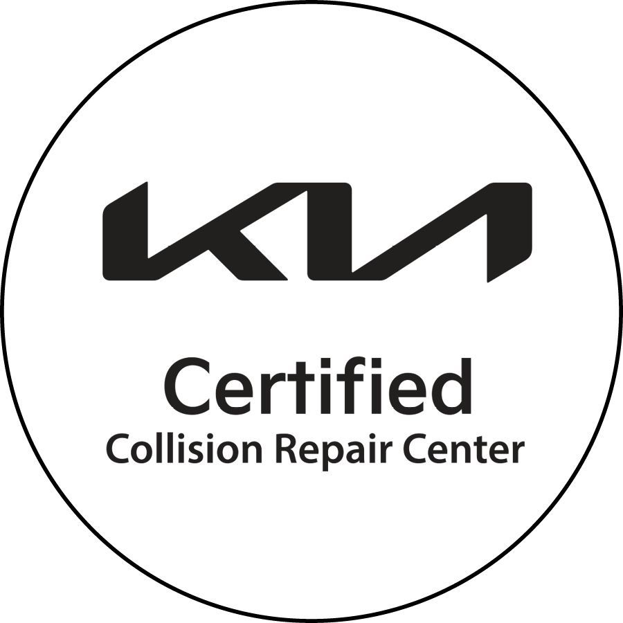 A black and white logo for a certified collision repair center.