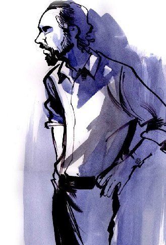 A drawing of a man with a beard in a blue shirt