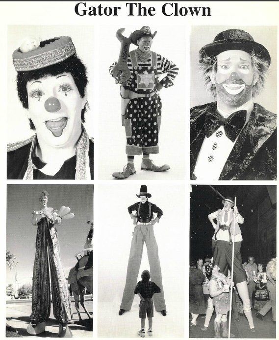 A collage of pictures of clowns with the caption gator the clown