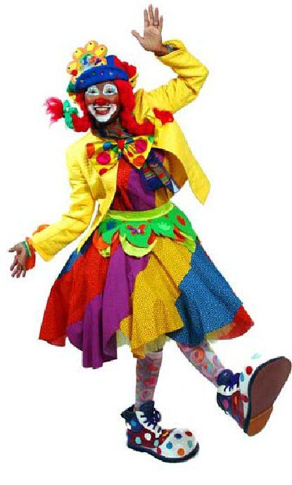 A clown in a colorful costume is waving his hand