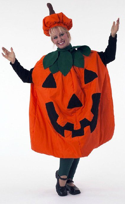 A woman in a pumpkin costume with her arms outstretched