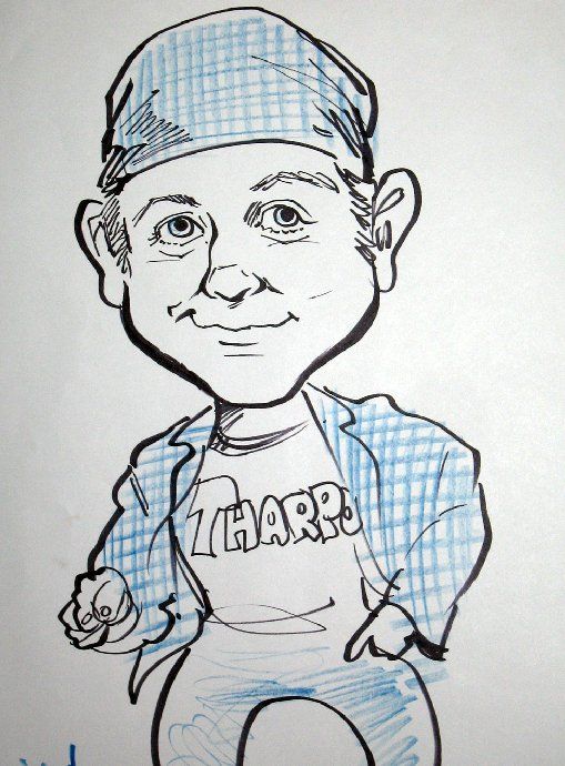 A drawing of a man wearing a shirt that says sharp